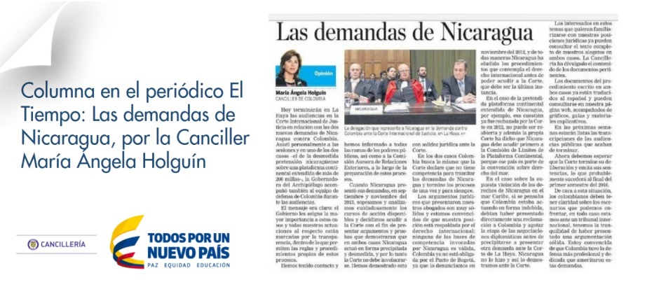 Columna en el periódico El Tiempo: Las demandas de Nicaragua, por la Canciller María Ángela Holguín