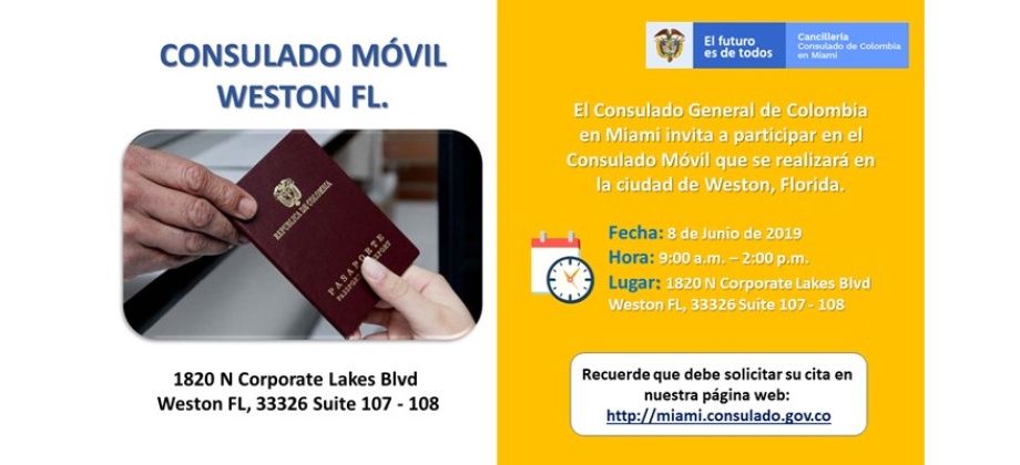 Consulado de Colombia en Miami realizará la jornada móvil en Weston el 8 de junio 