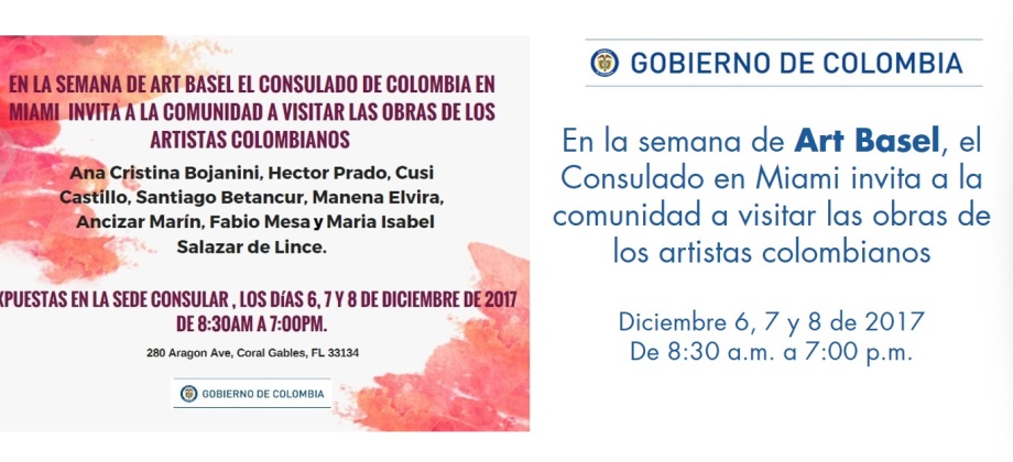 En la Semana de Art Basel, el Consulado en Miami invita a la comunidad a visitar las obras de los artistas colombianos