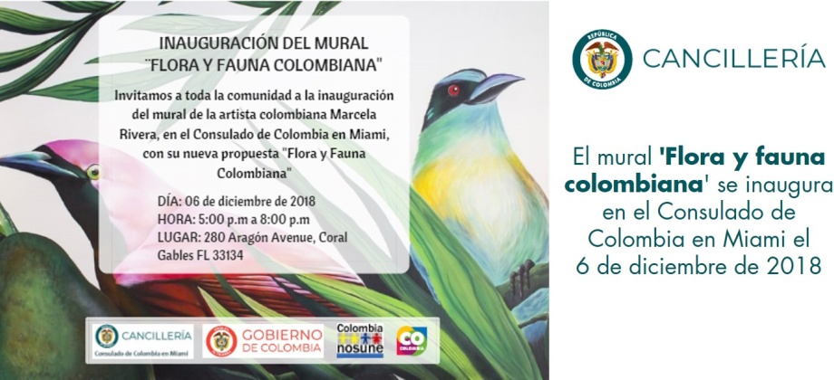 El mural 'Flora y fauna colombiana' se inaugura en el Consulado de Colombia en Miami el 6 de diciembre de 2018