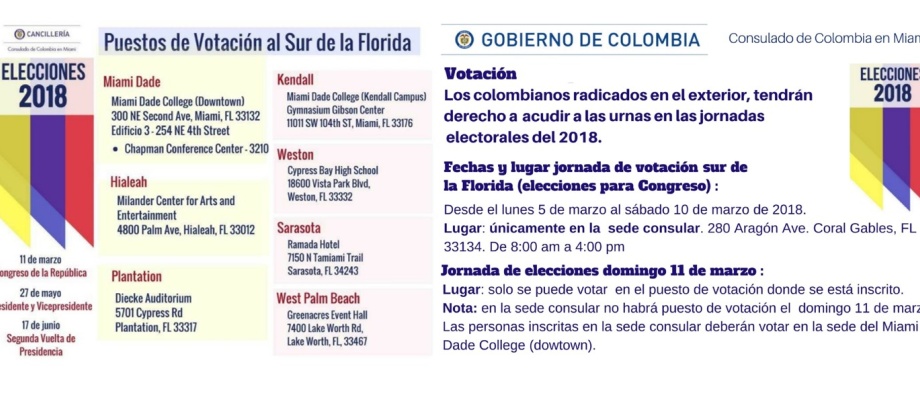 En Miami del 5 al 11 de marzo de 2018 se realizará la jornada de votación para las elecciones a Congreso de la República de Colombia