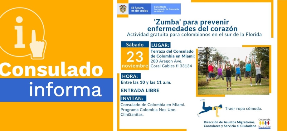 Consulado de Colombia en Miami invita a la actividad gratuita ‘Zumba’ para prevenir enfermedades del corazón, el 23 de noviembre de 2019