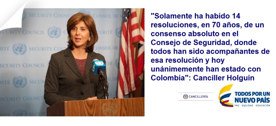 "Solamente ha habido 14 resoluciones, en 70 años, de un consenso absoluto en el Consejo de Seguridad, donde todos han sido acompañantes de esa resolución y hoy unánimemente han estado con Colombia": Canciller Holguín