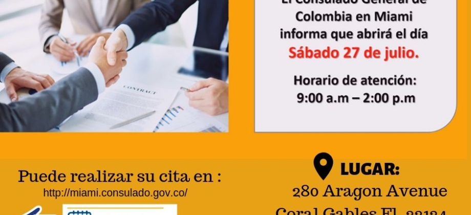 Consulado de Colombia en Miami realizará el Sábado Consular el 27 de julio de 2019