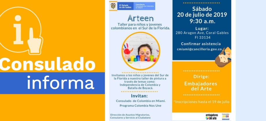 Niños y jóvenes colombianos en el Sur de La Florida pueden participar en el taller de pintura que ofrece el Consulado de Colombia en Miami el 20 de julio de 2019