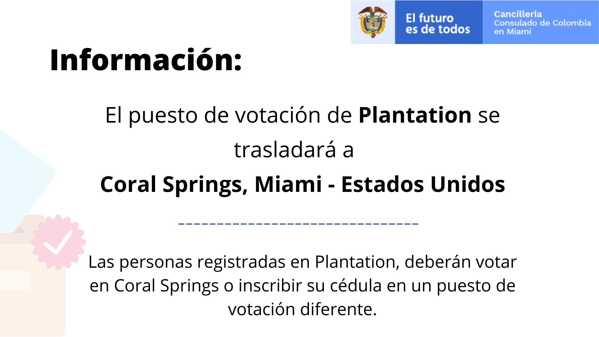 El puesto de votación de Plantation se trasladará a Coral Springs