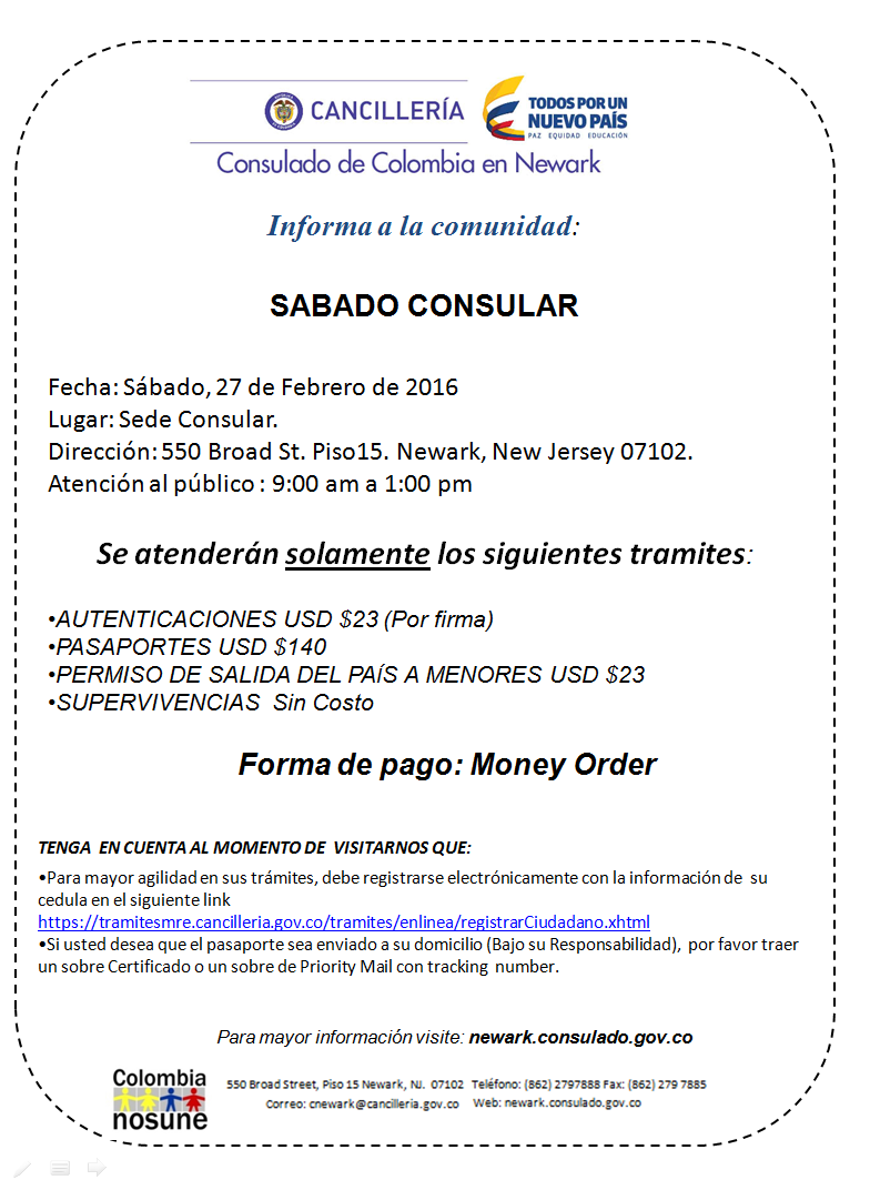 Consulado de Colombia en Newark invita al Sábado Consular el 27 de febrero de 2016