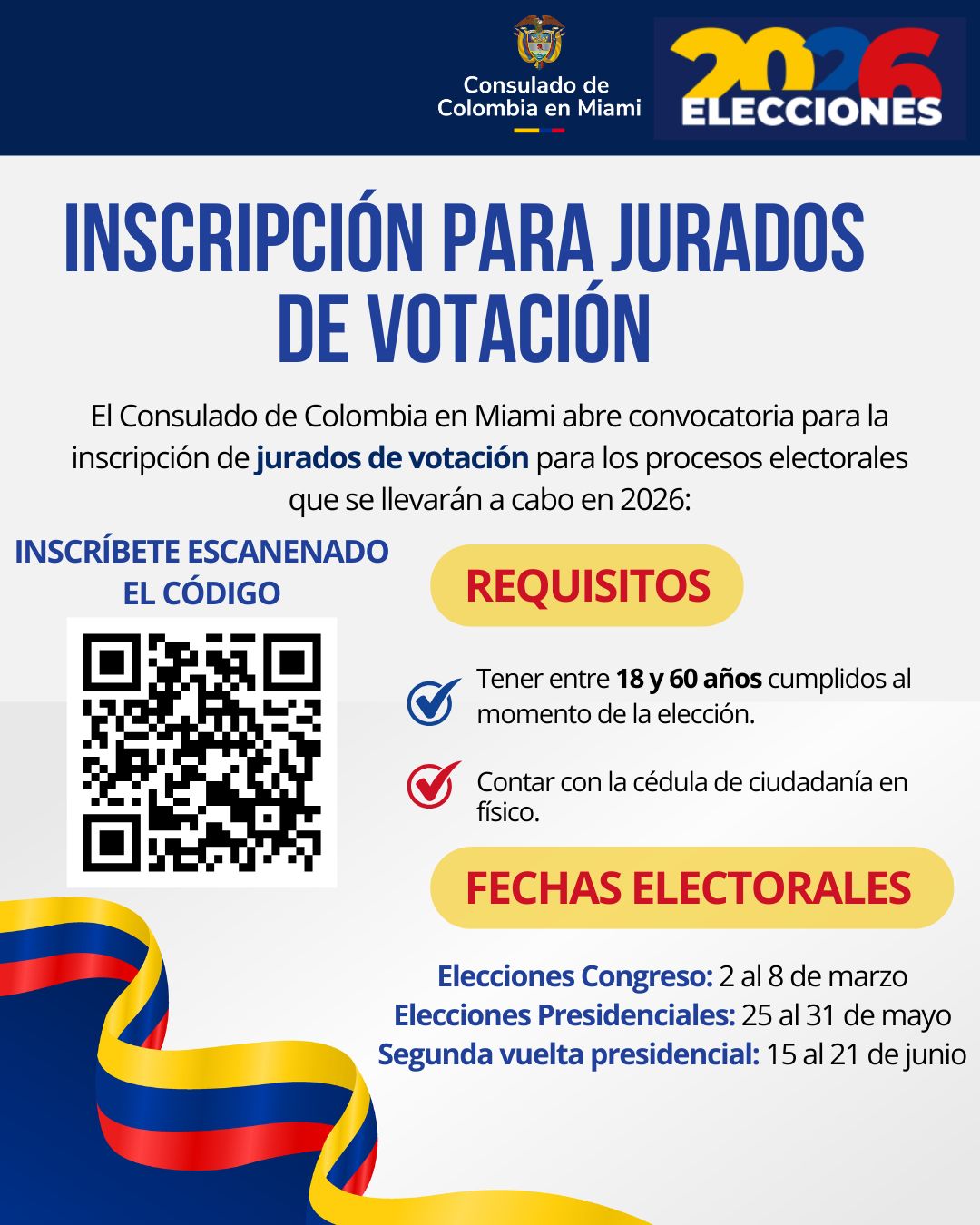 Consulado de Colombia en Miami abre convocatoria para la inscripción de jurados de votación para los procesos electorales de 2026