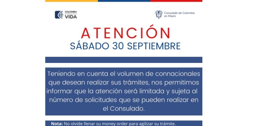 Atención al público mañana sábado 30 de septiembre en el Consulado de Colombia en Miami