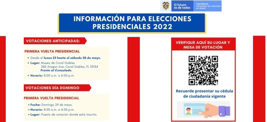 Fechas y puestos de votación en Miami para las elecciones de Presidente y Vicepresidente de Colombia 2022
