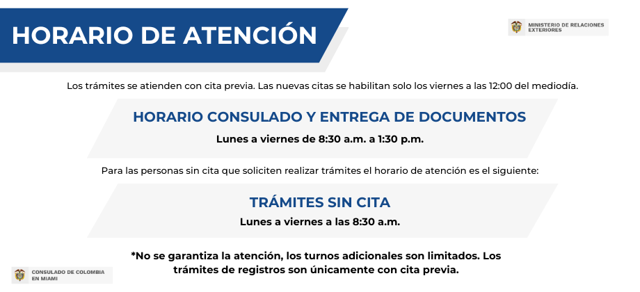 El Consulado de Colombia en Miami informa su horario de atención diaria