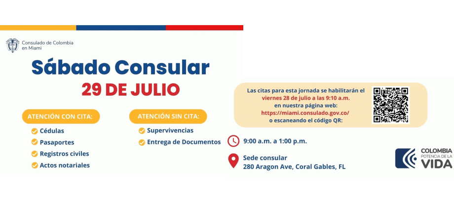 El Consulado de Colombia en Miami realizará una jornada de sábado consular el 29 de julio de 2023