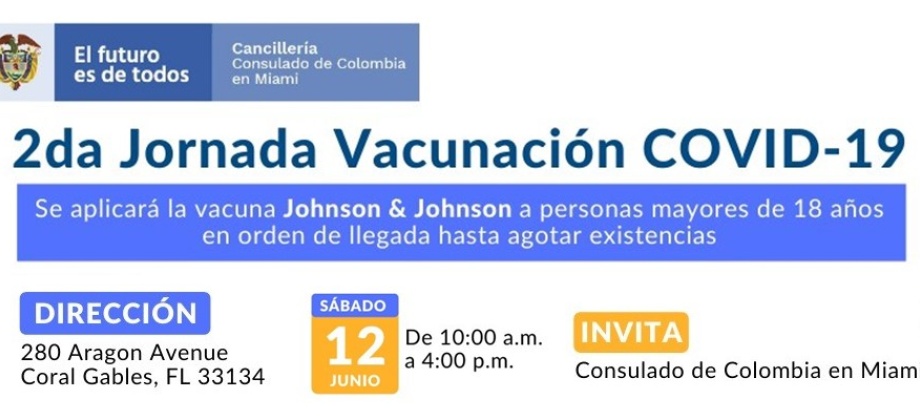 Jornada de Vacunación en el Consulado de Colombia en Miami el 12 de junio