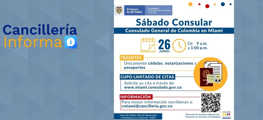 El Consulado de Colombia en Miami realizará una jornada de Sábado Consular el 26 de junio de 2021