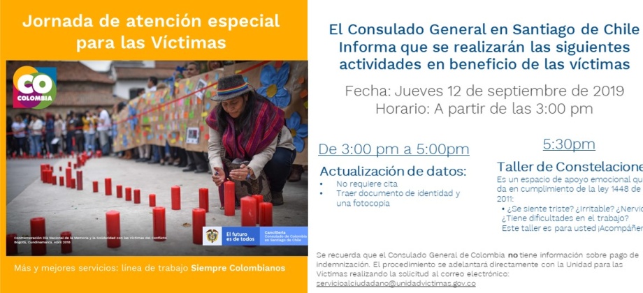 Jornada especial de atención en beneficio de las víctimas el 12 septiembre en el Consulado de Colombia 
