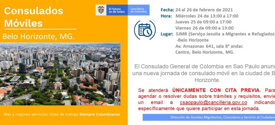 Consulado de Colombia en Sao Paulo anuncia una nueva jornada de Consulado Móvil en Belo Horizonte del 24 al 26 de febrero