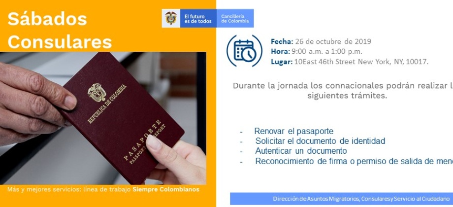 Aproveche la jornada de Sábado Consular que se realiza el 26 de octubre de 2019 en la sede del Consulado en Nueva York