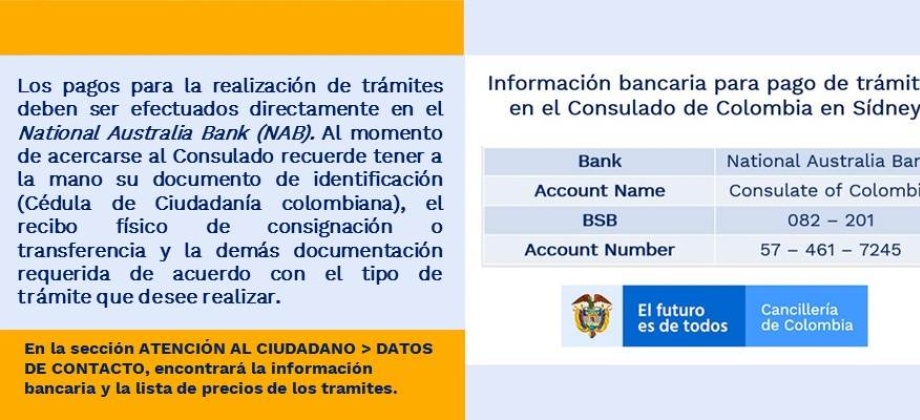 Información bancaria para el pago de trámites en el Consulado de Colombia en Sídney