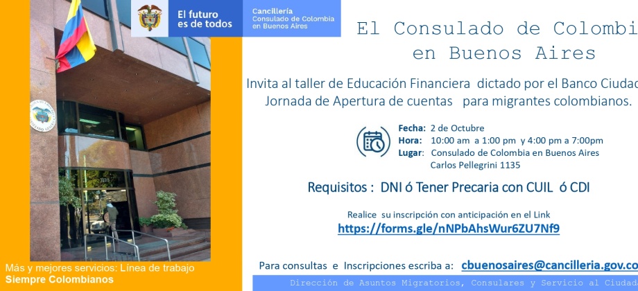Consulado de Colombia en Buenos Aires invita taller de Educación Financiera dictado por el Banco Ciudad y a la Jornada de Apertura de cuentas para migrantes el 2 de octubre de 2019