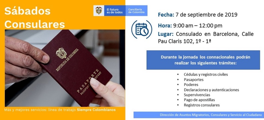 Colombianos podrán realizar diferentes trámites en el Consulado de Colombia en Barcelona durante el Sábado Consular, el 7 de septiembre de 2019
