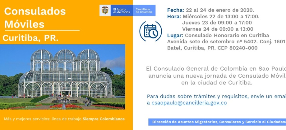 Cancillería atenderá a los connacionales en el Consulado Móvil que se realizará del 22 al 24 de enero de 2020 en Curitiba