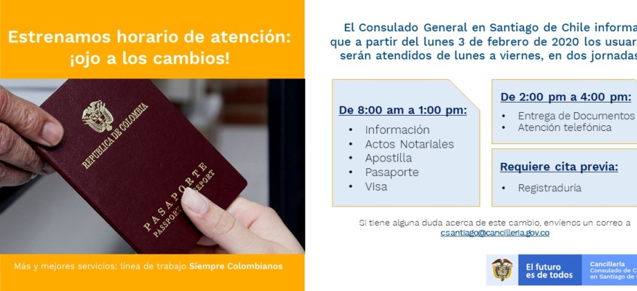 Consulado de Colombia en Santiago cambia su horario de atención para el 2020