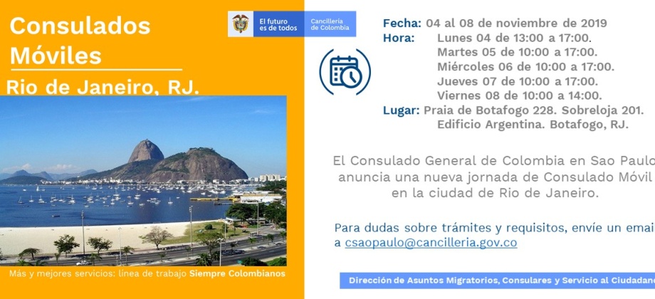 Entre el lunes 4 y el viernes 8 de noviembre se estará realizando la última jornada de Consulado Móvil en Rio de Janeiro