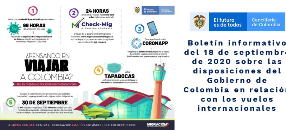 Boletín informativo del 18 de septiembre de 2020 sobre las disposiciones del Gobierno de Colombia en relación con los vuelos
