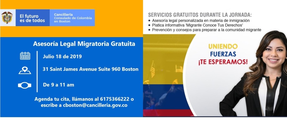 El Consulado de Colombia en Boston realizará una jornada de asesoría legal migratoria gratuita el 18 de julio de 2019