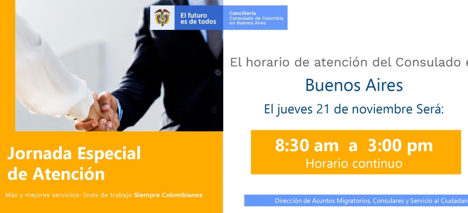 El Consulado de Colombia en Buenos Aires realizará Jornada Extendida de Atención el 21 de noviembre de 2019 