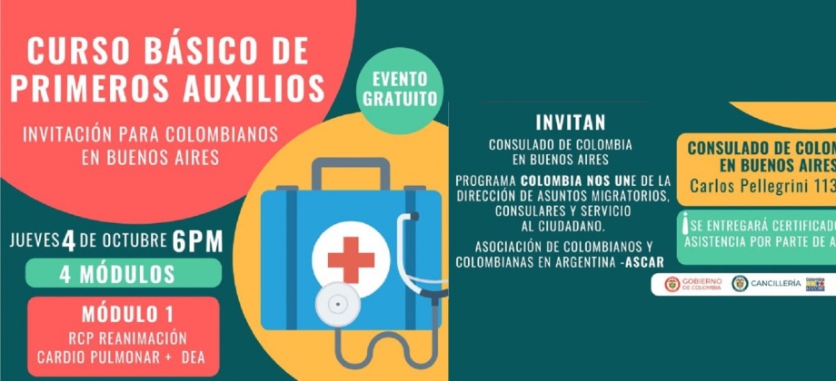 El Consulado de Colombia en Buenos Aires invita a los connacionales a un curso básico de primeros auxilios