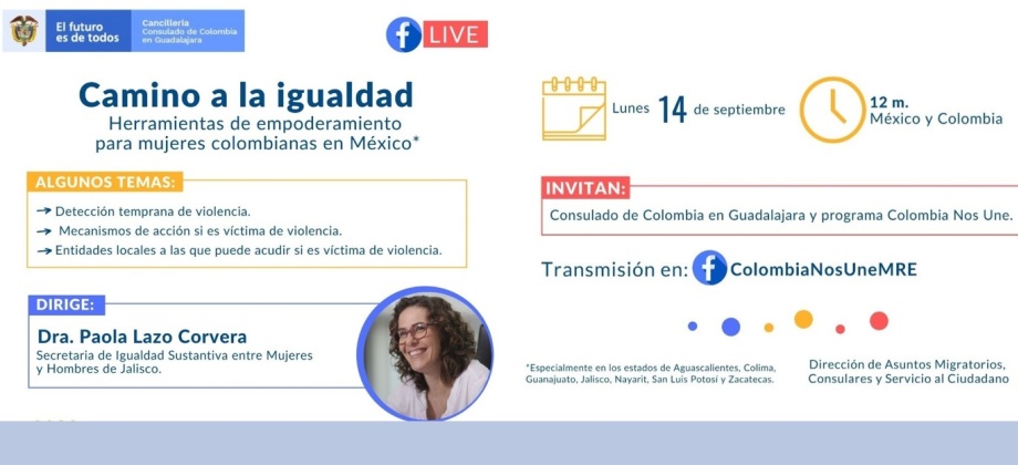 Consulado de Colombia en Guadalajara invita a la charla virtual ‘Camino a la igualdad’