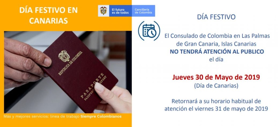 El Consulado de Colombia en Las Palmas de Gran Canaria no tendrá atención el 30 de mayo de 2019