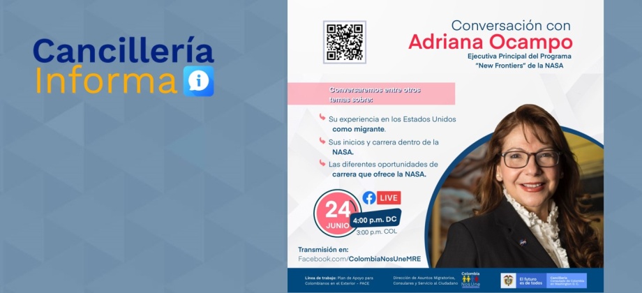 Consulado de Colombia en Washington invita a la charla entre la Cónsul Erika Salamanca y Adriana Ocampo el 24 de junio de 2021