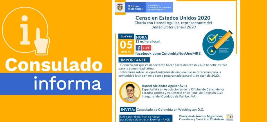 Consulado de Colombia en Washington D.C. invita a la charla ‘Censo en Estados Unidos 2020’, jueves 5 de marzo de 2020