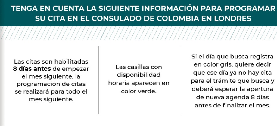 Tenga en cuenta la siguiente información para programar su cita en el Consulado de Colombia en Londres
