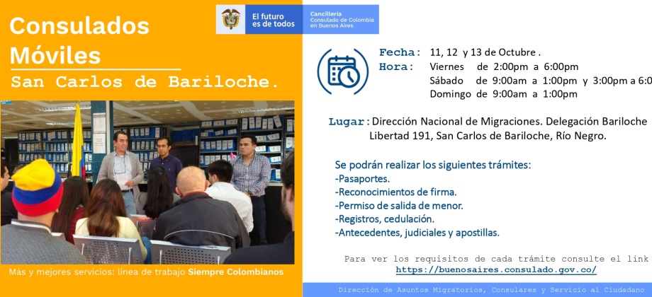 Consulado de Colombia en Buenos Aires realizará un Consulado Móvil en Bariloche, los días 11, 12 y 13 de octubre de 2019