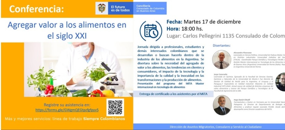 En la sede del Consulado de Colombia en Buenos Aires se realizará la conferencia “Agregar valor a los alimentos en el siglo XXI” 