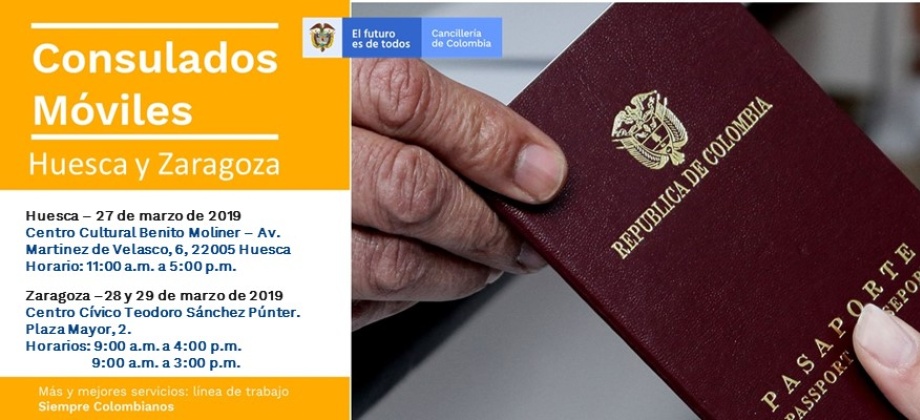 Consulado de Colombia en Barcelona realizará las jornadas de Consulado Móvil en Huesca y Zaragoza que se llevarán a cabo entre el 27 y el 29 de marzo 