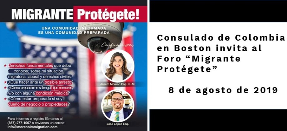 Consulado de Colombia en Boston invita al evento “Migrante Protégete”