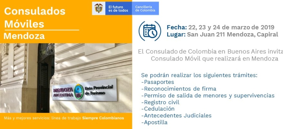 Consulado de Colombia en Buenos Aires invita al Consulado Móvil en Mendoza que se realizará del 22 al 24 de marzo de 2019