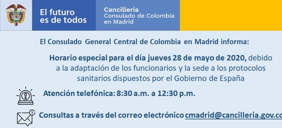 Consulado de Colombia en España publica el horario especial de atención para el jueves 28 de mayo