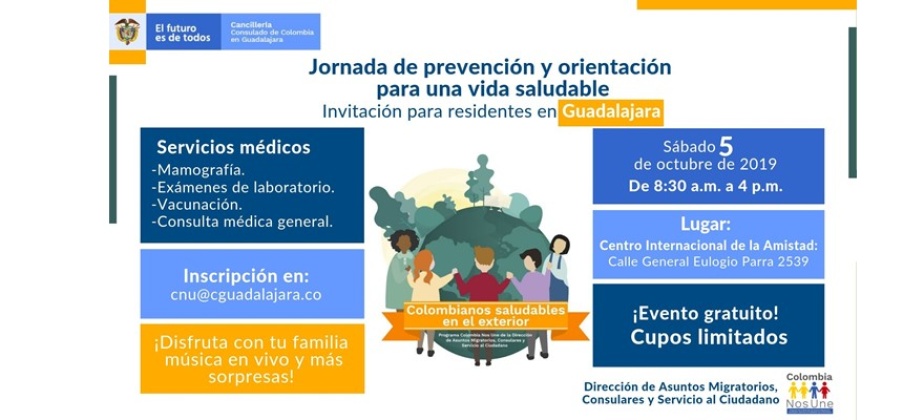 Consulado de Colombia en Guadalajara invita a la Tercera Jornada de Colombianos Saludables en el Exterior el sábado 5 de octubre de 2019