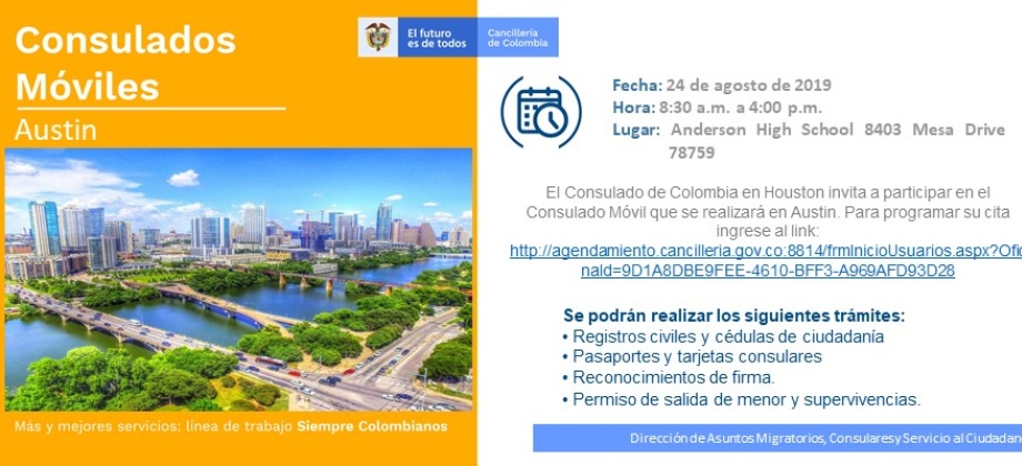 Consulado de Colombia en Houston realizará el Consulado Móvil Austin el 24 de agosto 