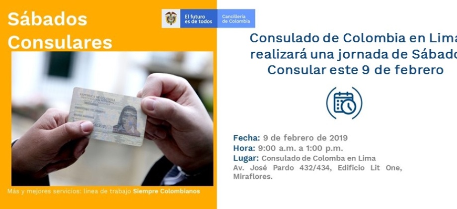 Consulado de Colombia en Lima realizará una jornada de Sábado Consular este 9 de febrero de 2019