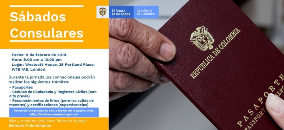 Consulado de Colombia en Londres invita a los connacionales a la jornada del Sábado Consular del 9 de febrero de 2019