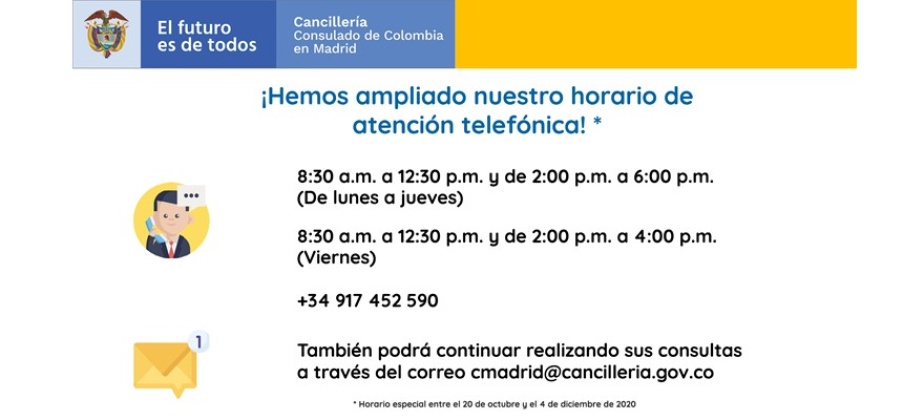 Consulado de Colombia informa que amplía su horario de atención telefónica