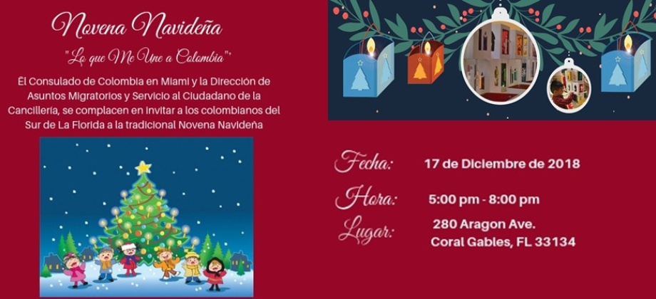 El Consulado de Colombia en Miami invita a la tradicional Novena Navideña que realizará el 17 de diciembre  de 2018