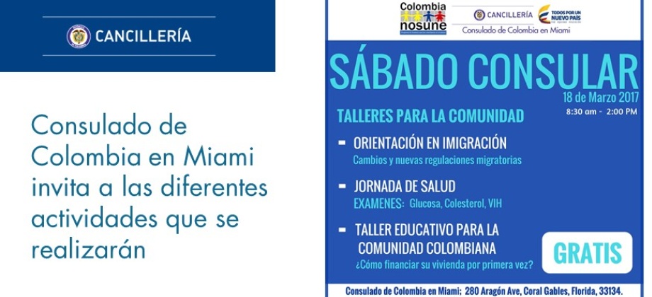 Consulado de Colombia en Miami invita al Sábado Consular el 18 de marzo de 2017