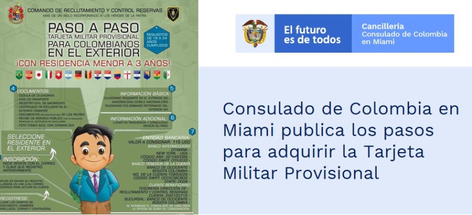 Consulado de Colombia en Miami publica los pasos para adquirir la Tarjeta Militar 